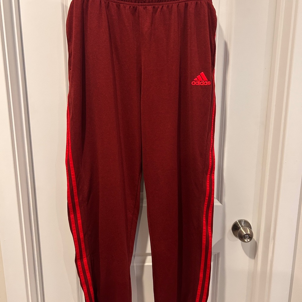 Adidas Men's Burgundy Joggers with Red Stripes